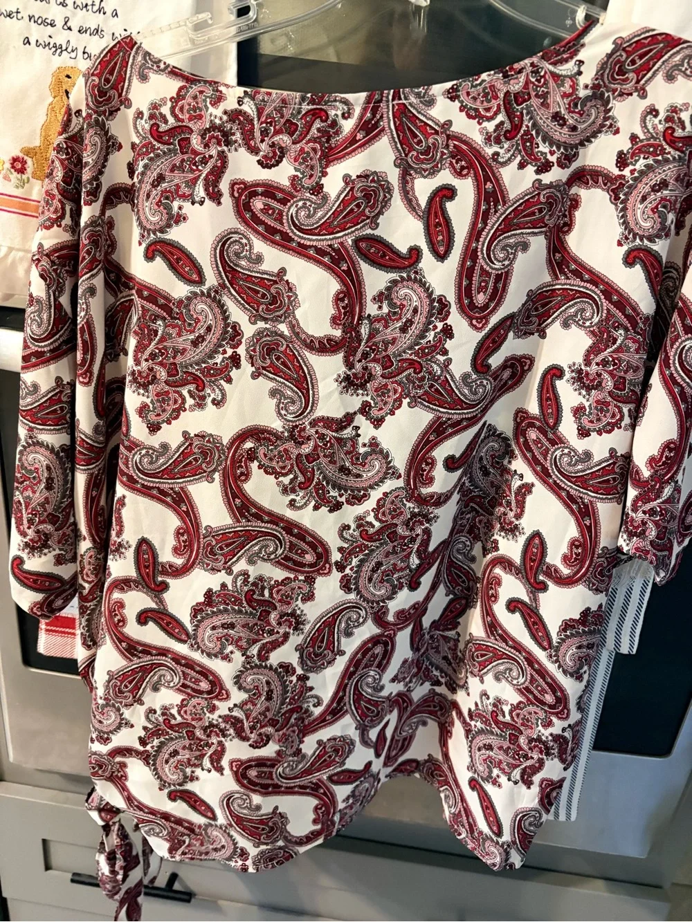 Michael Kors White Blouse with Burgundy Paisley Tie Accent